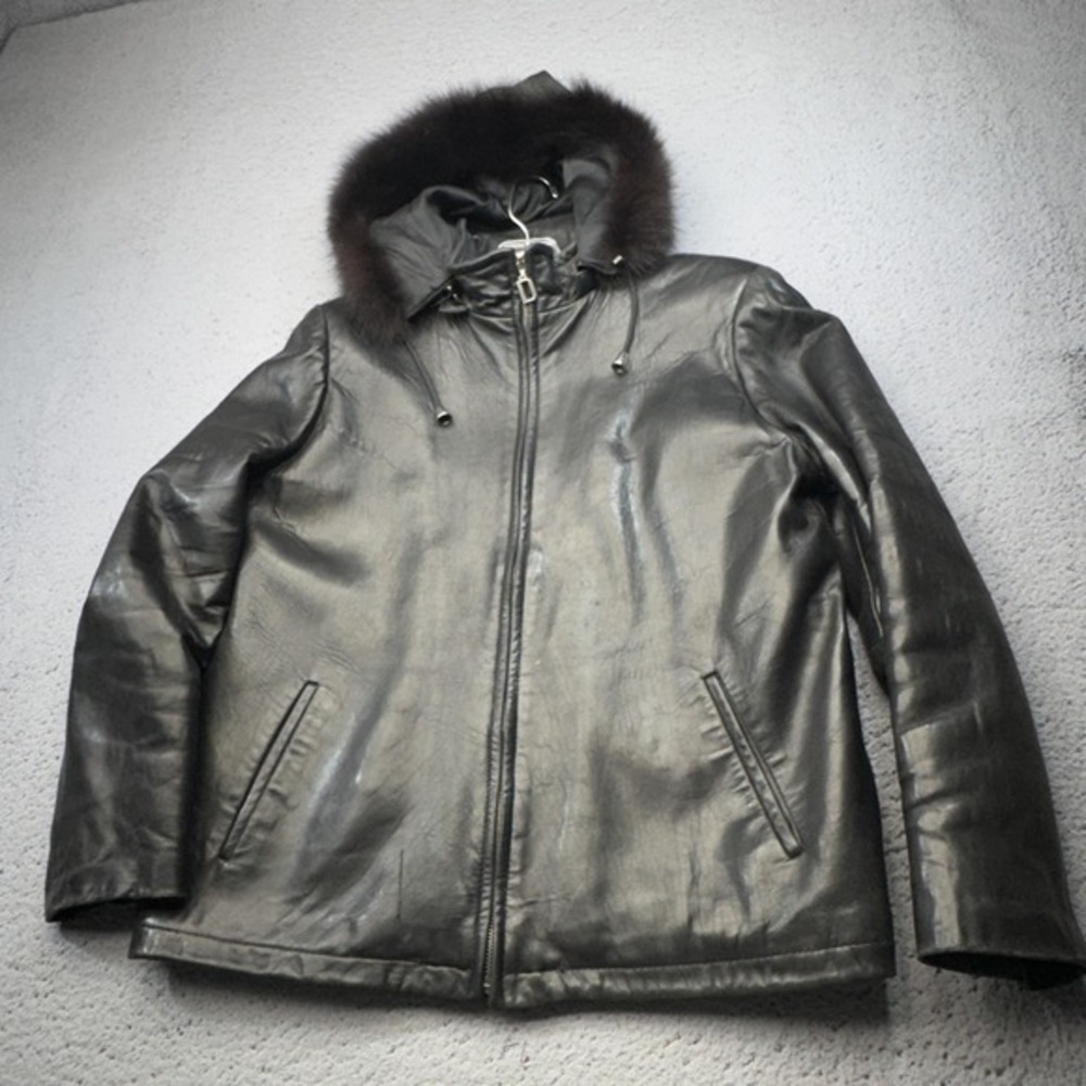 Damsells Leather Parka‎ Jacket Womens Medium Black Fur Trim Hooded Zip Warm